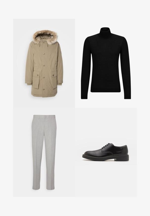 Beige Parka-Jacke mit Kapuze aus Kunstfell, Frontreißverschluss und Knopfverschluss, zwei großen Fronttaschen und elastischen Bündchen. Weicher, strukturierter Stoff.; Schwarzer Rollkragenpullover aus weichem Material mit langen Ärmeln und enger Passform. Rippbesatz am Saum und an den Bündchen. Einfaches Design.; Hellgraue Hose mit glatter Textur, flachem Front und geraden Beinen. Aus atmungsaktivem Material gefertigt, mit Innentaschen und Gürtelschlaufen.; Schwarzer Leder-Schnürschuh mit abgerundetem Zeh, glatter Textur, minimaler Naht und niedrigem Gummiabsatz. Logo auf der Ferse.