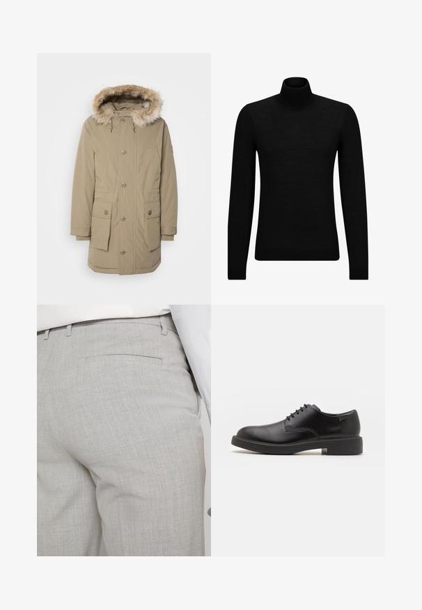 Beige Parka-Jacke mit Kapuze aus Kunstfell, Frontreißverschluss und Knopfverschluss, zwei großen Fronttaschen und elastischen Bündchen. Weicher, strukturierter Stoff.; Schwarzer Rollkragenpullover aus weichem Material mit langen Ärmeln und enger Passform. Rippbesatz am Saum und an den Bündchen. Einfaches Design.; Hellgraue, maßgeschneiderte Hose aus strukturiertem Stoff, mit einer einzelnen Gesäßtasche und sauberer Nahtführung.; Schwarzer Leder-Schnürschuh mit abgerundetem Zeh, glatter Textur, minimaler Naht und niedrigem Gummiabsatz. Logo auf der Ferse.