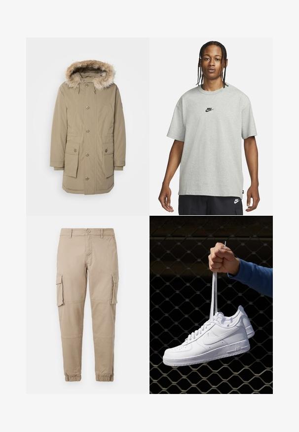Beige parka-jakke med hætte i kunstpels, frontlynlås og knaplukning, to store forlommer og elastiske manchetter. Blødt, struktureret stof.; Ung person med fletninger iført en lys grå Nike T-shirt og sorte Nike shorts mod en ensfarvet hvid baggrund.; Beige cargo bukser i et letvægts bomuldsstof. Har elastiske manchetter, flere sidelommer og en knaplukning.; Hvide lædersneakers med perforeringer, rund tå, flad sål og tykke snørebånd, med et synligt swoosh-logo og "AIR" på hælen.