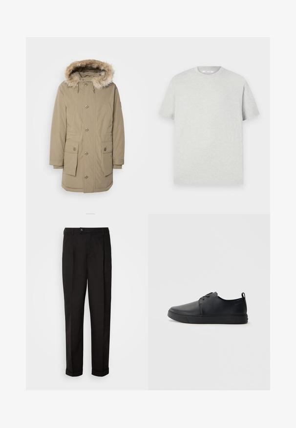 Beige Parka-Jacke mit Kapuze aus Kunstfell, Frontreißverschluss und Knopfverschluss, zwei großen Fronttaschen und elastischen Bündchen. Weicher, strukturierter Stoff.; Hellgraues T-Shirt mit kurzen Ärmeln aus weichem Material, mit rundem Halsausschnitt und lockerer Passform, ohne sichtbare Muster oder Akzente.; Schwarze Hose mit glatter Textur, gerade geschnitten, zwei Fronttaschen und einem einzigen Knopfverschluss an der Taille.; Schwarze Leder-Sneaker mit glatter Oberfläche, abgerundeter Zehenpartie, gleichfarbiger Nähte, schnürbarem Vorderteil und flacher Gummisohle. Schlaufe an der Ferse.