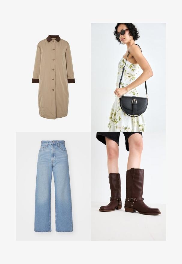 Casaco bege com colarinho de veludo cotelê castanho, fecho frontal por botões, mangas longas e bolsos laterais. Tecido suave com um design até ao joelho.; Camisa de ganga azul clara com mangas longas, colarinho pontudo, dois bolsos no peito e costura em contraste. Apresenta um design de yoke ao estilo western.; Jeans de cintura alta e perna larga em azul claro, com fecho frontal de botão e zíper, bolsos frontais e traseiros, sobre um fundo branco.; Botas castanhas de couro até ao joelho, com biqueira arredondada, superfície texturizada, strap no tornozelo e detalhes em metal prateado; salto empilhado.; Bolsa de couro preta com forma curva, alça destacável e detalhes em dourado. A bolsa possui uma aba com detalhe de fivela.