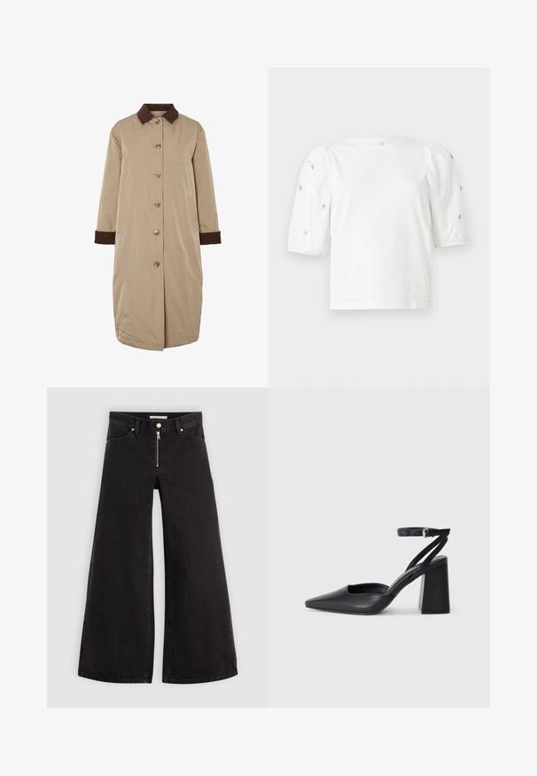 Casaco bege com colarinho de veludo cotelê castanho, fecho frontal por botões, mangas longas e bolsos laterais. Tecido suave com um design até ao joelho.; T-shirt branca de algodão com mangas puff curtas, apresentando pequenos embellissements prateados ao longo das mangas. Decote redondo clássico, corte descontraído.; Calças de ganga de perna larga em denim preto com fecho éclair à frente, design de cinco bolsos e detalhes de costura subtil. Textura suave e estilo casual.; Sandal com biqueira afilada em couro preto, com cinta no tornozelo e salto grosso. Textura lisa, design elegante e estética minimalista.