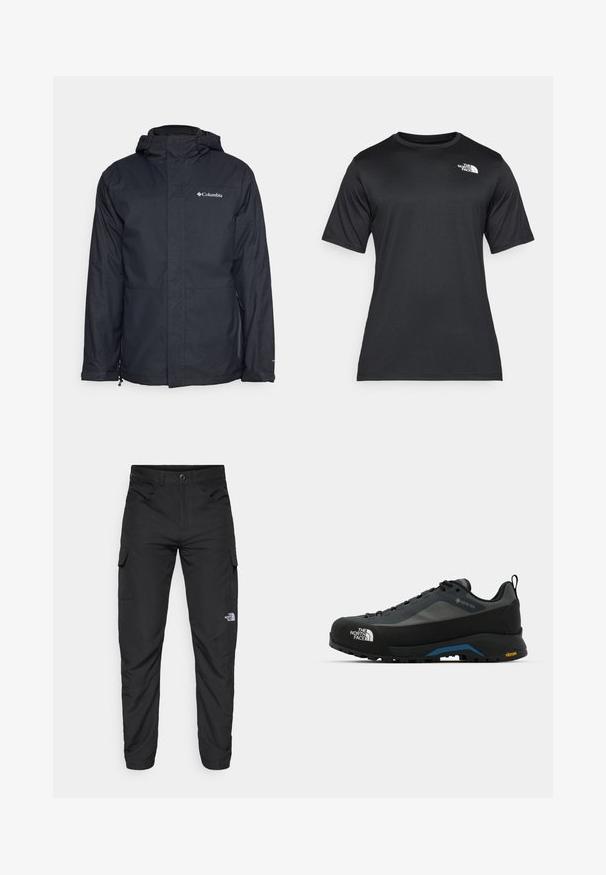 Veste noire imperméable avec capuche, dotée d'une fermeture éclair sur le devant, de deux poches latérales et d'un logo sur le haut de la poitrine gauche. Texture lisse.; T-shirt noir à manches courtes en tissu léger et évacuant l'humidité. Présente un logo blanc sur la poitrine gauche et un col rond.; The North Face HORIZON PANT - Pantalons outdoor - black; The North Face VERTO ALPINE GORE TEX - Chaussures de marche - asphalt grey/tnf black