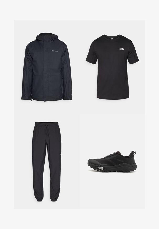 Veste noire imperméable avec capuche, dotée d'une fermeture éclair sur le devant, de deux poches latérales et d'un logo sur le haut de la poitrine gauche. Texture lisse.; T-shirt noir à manches courtes en coton, avec un col rond et un petit logo blanc sur le côté supérieur gauche de la poitrine.; Pantalon de sport noir en tissu léger, avec une taille à cordon, des poches latérales et des chevilles resserrées.; Chaussure de trail running noire avec une tige texturée, semelle en caoutchouc et bout renforcé. Présente un col rembourré et une tirette pour un enfilage facile.