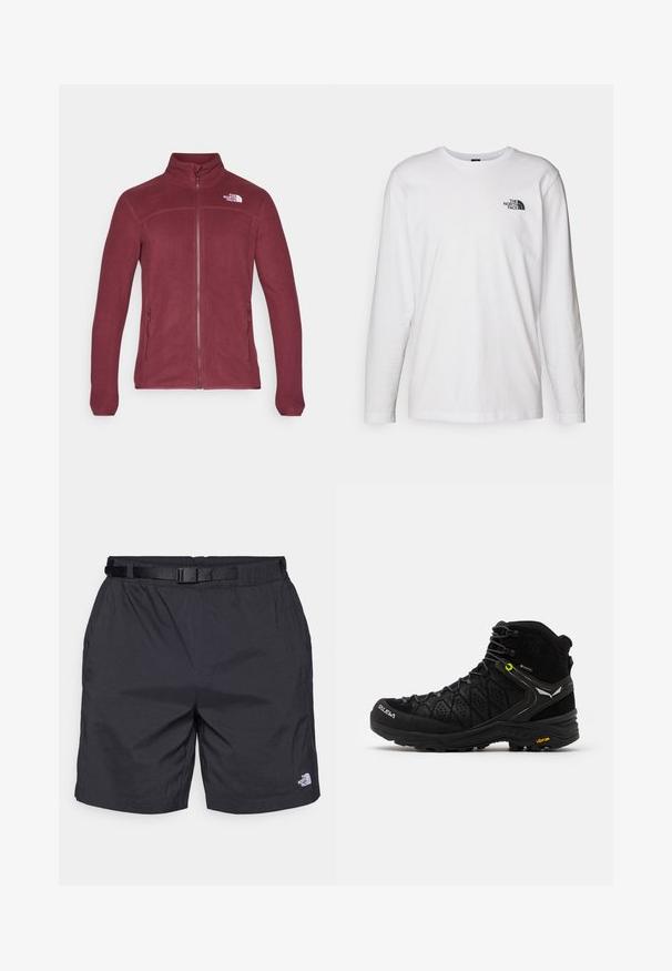 The North Face GLACIER FULL ZIP - Giacca in pile - alpine plum; T-shirt bianco a maniche lunghe in cotone con colletto rotondo. Presenta un piccolo logo nero sul petto. Texture liscia, vestibilità regolare.; Pantaloni corti neri leggeri con una vestibilità comoda, dotati di una cintura regolabile, tasche laterali e il logo The North Face sulla parte inferiore della gamba destra.; Stivale da escursionismo nero con parte superiore testurizzata, punta rinforzata e suola Vibram. Il sistema di allacciatura comprende ganci per una vestibilità sicura.