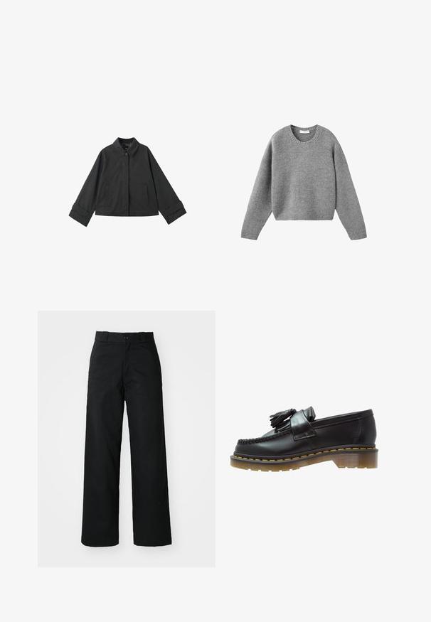 Sort cropped jakke med krave, knaplukning, to frontlommer og brede manchetter på de lange ærmer.; Grå strikket crewneck sweater med lange ærmer og ribstrikkede manchetter og kant, lagt fladt på en hvid baggrund.; Sorte vide bukser med flad front, knaplukning og bæltestropper. Fremstillet af holdbart stof med en glat tekstur.; Sorte læder loafers med en tekstureret overflade, der har en dekorativ kvast og kontrasterende gul syning, på en chunky, transparent sål.