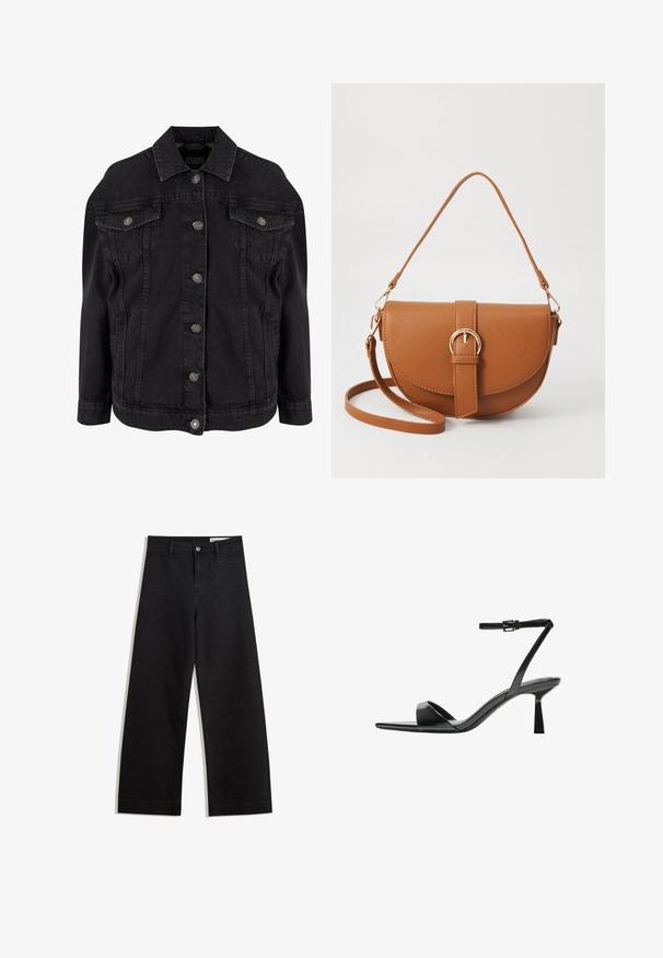 Fekete farmerdzseki klasszikus kialakítással, fémből készült gombokkal, mellzsebekkel és hosszú ujjakkal. Puha tapintású, enyhén megkopott megjelenésű.; Fehér, ujjatlan felső, gombos előrészével, oldalzsebeivel és testhezálló kialakításával, enyhén bővülő aljával. Simább textúrájú, minimális részletezéssel.; Fekete, bő szabású farmernadrág magas derékkal, elülső és hátsó zsebekkel, varrott felületekkel és gombos záródással. Sima textúra.; Bershka Magas sarkú szandálok - black; Barna bőr keresztbody táska ívelt formával, aranyszínű fémrészekkel és csat díszítéssel. Levehető vállpánttal rendelkezik.