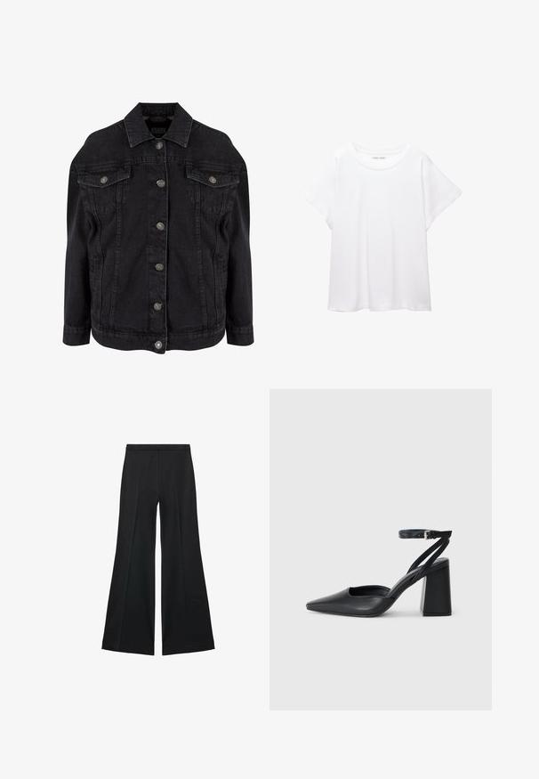 Svart denimjacka med en klassisk design, utrustad med metallknappar, bröstfickor och långa ärmar. Mjuk textur med en något sliten look.; Vit t-shirt som är gjord av mjukt, lätt tyg. Har en rund halsringning och korta, vida ärmar med en avslappnad passform. Inga synliga mönster.; Svarta vida byxor med en slät textur, med framfickor och skräddarsydd design. Tyget är lätt och flödande.; Svart läderpumps med spetsig tå, ankelrem och kraftig klack. Slät textur, stilren design och minimalistisk estetik.