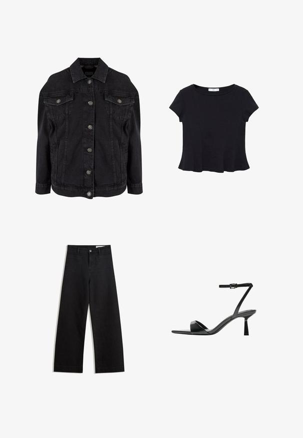 Black denim jacket with a classic design, featuring metallic buttons, chest pockets, and long sleeves. Soft texture with a slightly distressed look.; Black short-sleeve top made of soft fabric, featuring a rounded neckline and a flared hem with subtle seam detailing.; Black wide-leg denim pants with a high waist, featuring front and back pockets, stitched seams, and a button closure. Smooth texture.; Bershka High heeled sandals - black