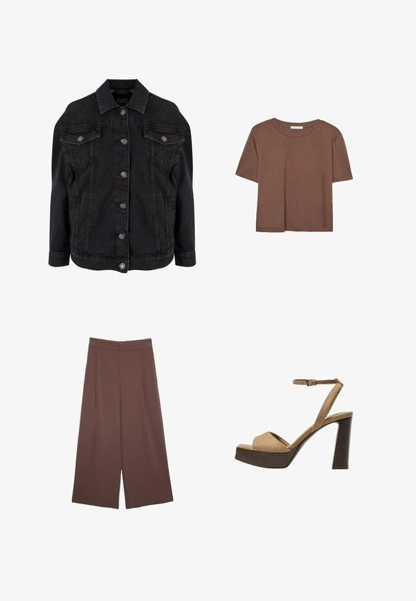 Svart denimjacka med en klassisk design, utrustad med metallknappar, bröstfickor och långa ärmar. Mjuk textur med en något sliten look.; Brun kortärmad t-shirt i mjukt tyg, med rund halsringning och avslappnad passform. Inga synliga mönster eller detaljer.; Bruna vida byxor med en slät textur, som har hög midja och framfickor. Tyget är lätt och flödar löst.; Beiga suède högklackade sandaler med ett brett framrem och ankelsrem, med en kraftig träblockklack med en strukturerad yta.