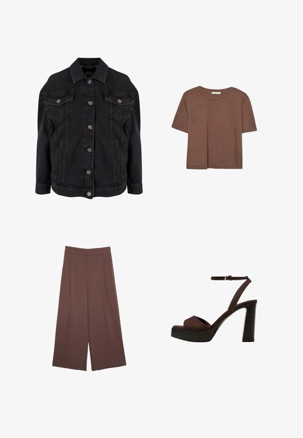 Černá denimová bunda s klasickým designem, obsahující kovové knoflíky, náprsní kapsy a dlouhé rukávy. Měkká textura s mírně opotřebovaným vzhledem.; Hnědé tričko s krátkým rukávem vyrobené z měkké látky, s kulatým výstřihem a volným střihem. Bez viditelných vzorů nebo dekorací.; Hnědé široké kalhoty s hladkou texturou, vysokým pasem a předními záhyby. Materiál je lehký a volně splývá.; Hnědé semišové sandály na vysokém podpatku s otevřenou špičkou, nastavitelným páskem kolem kotníku a proužkovou platformou.