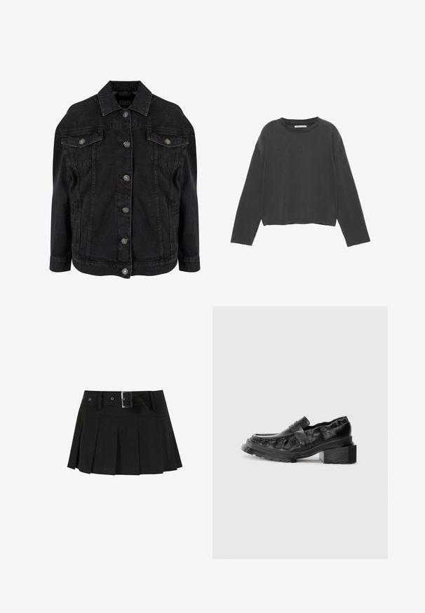 Crna traper jakna klasičnog dizajna, s metalnim dugmadi, prednjim džepovima i dugim rukavima. Mekana tekstura s blago izlizanim izgledom.; Crna skraćena majica dugih rukava od mekanog pamučnog materijala. Ima okrugli izrez i vidljive šavove duž šavova.; Crna plisirana suknja s remenom. Izrađena od glatkog materijala, s srebrnom kopčom i strukturiranim strukom za dodatni stil.; Crne kožne mokasine sa čvrstim potplatom, s blagim blok petom i teksturiranim gornjim dijelom, učvršćenim prednjom trakicom.