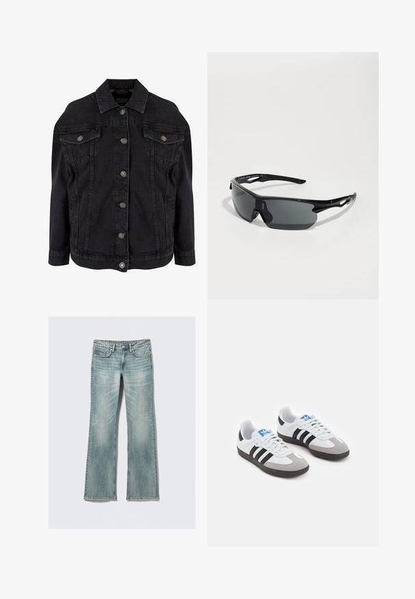 Musta denim-takki klassisella muotoilulla, jossa on metalliset napit, rinnataskut ja pitkät hihat. Pehmeä rakenne, jossa on hieman kulunut ilme.; Valkoinen toppi ohutmustilla olkaimilla, jossa on suuri musta "I" ja "NY" -teksti sekä punainen sydänkuvio niiden välissä.; Vaaleansiniset farkut, joissa on kevyt kuluminen, viisi taskua, nappikiinnitys ja suorat lahkeet valkoista taustaa vasten.; Urheilukengät, joissa on valkoinen nahkainen päällinen, harmaa mokkanokka ja kolme mustaa raitaa. Ominaisuuksina sininen logo kielekkeessä ja kuvioitu kumipohja.; Mustat urheilulasit kaarevilla linsseillä, kevyestä muovista valmistettu kehys ja teksturoidut tempurit. Tyylikäs muotoilu integroidulla nenäosalla.; Musta kudottu nahkabag, jossa on rento muotoilu, ja jossa on solmittu hihna sekä pieni koristeellinen kultatappi ylhäällä.