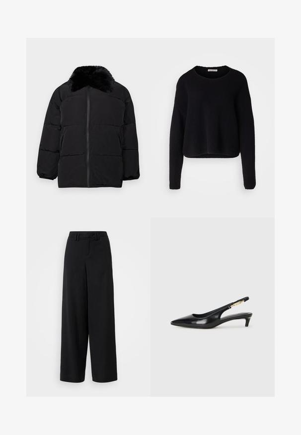 Jachetă puffer neagră cu guler din blană sintetică, închidere cu fermoar, manșete elastice și un design matlasat cu cusături orizontale.; Pulover negru, texturat, cu mâneci lungi, decolteu rotund larg și tiv scurt. Țesătură fină cu un finisaj elastic.; Pantaloni negri cu picioare lărgi, confecționați dintr-un material neted, cu un design frontal plat, detalii pliate și bucle pentru curea la talie.; Sandale slingback din piele neagră cu vârf ascuțit, având un toc subțire și un accent de culoare aurie pe curea ajustabilă. Textură netedă.