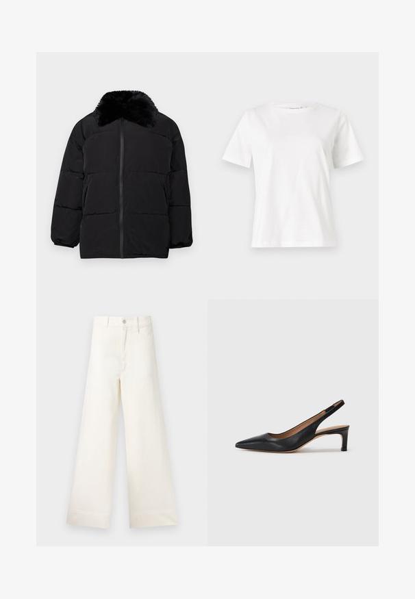 Black puffer jacket featuring a faux fur collar, zip closure, elastic cuffs, and a quilted design with horizontal stitching.; White cotton t-shirt with short sleeves, round neckline, and a relaxed fit. Smooth texture, no patterns or accents, minimalistic design.; Wide-leg trousers in light beige cotton. Features a high waist, front pockets, and a straight cut. Clean hem finishing without patterns.; Black leather slingback pump with a pointed toe, low heel, and a smooth texture. Features a thin adjustable strap for a secure fit.