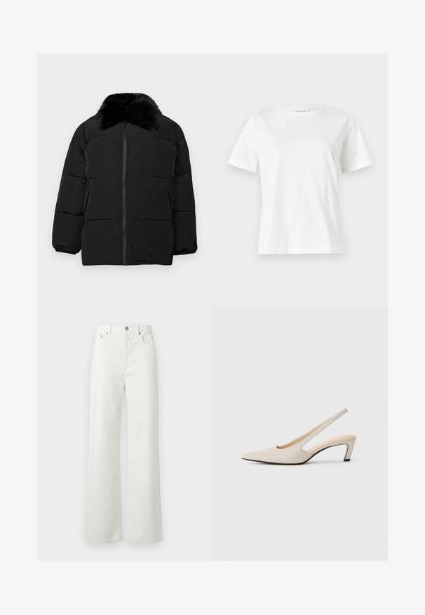 Fekete puffdzseki műszőrme gallérral, cipzáras záródással, elasztikus mandzsettákkal és vízszintes varrással ellátott steppelt mintázattal.; Fehér pamut póló rövid ujjakkal, kerek nyakkivágással és laza szabással. Sima textúra, nincsenek minták vagy díszítések, minimalista dizájn.; Samsøe Samsøe SHELLY - Laza szabású farmerek - clear cream; Bézs bőrű, hegyes orrú slingback cipő, kivágott dizájnnal, 5 cm magas blokk sarokkal és sima textúrával. Fekete talppal kiemelve.