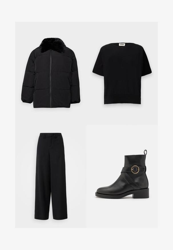Schwarze Daunenjacke mit einem Kragen aus Kunstfell, Reißverschluss, elastischen Bündchen und einem gesteppte Design mit horizontalen Nähten.; DRYKORN SOMELI - T-Shirt basic - black; Schwarze weite Hosen aus glattem Stoff, mit einem flachen Frontdesign, gefältelten Details und Gürtelschlaufen am Bündchen.; BOSS IRYNA BOOTIE - Plateaustiefelette - black