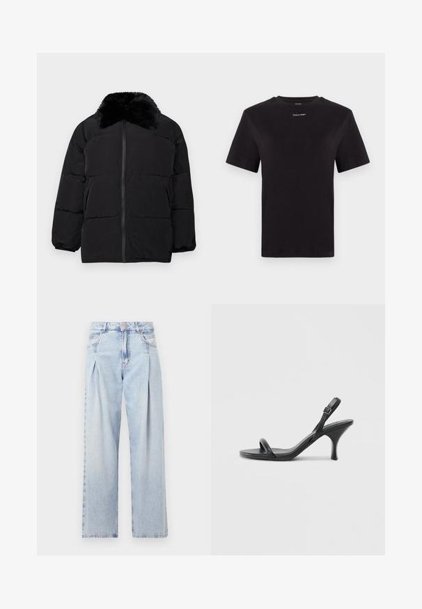 Veste doudoune noire avec un col en fausse fourrure, fermeture éclair, poignets élastiques et un design matelassé avec des coutures horizontales.; T-shirt noir en coton à manches courtes, col rond, avec un petit logo blanc "Calvin Klein" sur la poitrine. Texture lisse, coupe classique.; Jeans en denim bleu clair avec taille haute, coupe large, deux poches latérales et design plissé. Texture douce avec une finition décolorée.; Sandales à talons hauts en cuir noir avec un talon fin et courbé et un design de brides croisées. Bride de cheville réglable. Texture lisse.