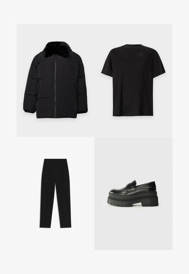 Giacca a vento nera con collo in pelliccia sintetica, chiusura con zip, polsini elasticizzati e design trapuntato con cuciture orizzontali.; T-shirt di cotone nero, design a girocollo, maniche corte, con un piccolo logo tonale sulla parte superiore sinistra. Texture liscia.; Pantaloni neri a taglio dritto, con doppie pieghe, una texture liscia e un design classico in vita. Nessun hardware o dettaglio visibile.; Mocassini neri in pelle con suola piatta spessa. Punta arrotondata, dettaglio della cucitura frontale e accenti di cucitura sottili. Suola piatta e testurizzata.