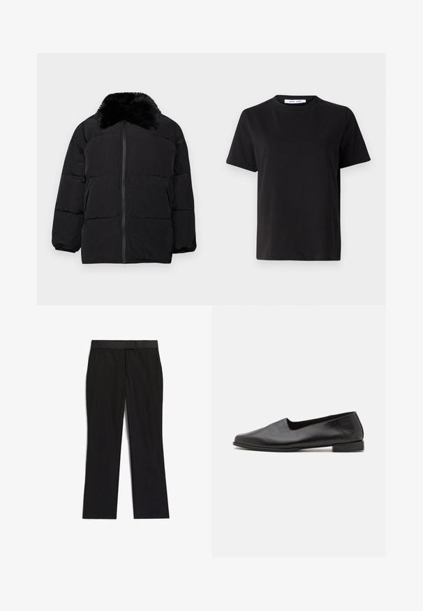 Schwarze Daunenjacke mit einem Kragen aus Kunstfell, Reißverschluss, elastischen Bündchen und einem gesteppte Design mit horizontalen Nähten.; Schwarzes T-Shirt mit kurzen Ärmeln aus weicher Baumwolle, mit rundem Ausschnitt, lockerer Passform und glatter Textur. Keine sichtbaren Muster oder Grafiken.; Schwarze Hose mit glatter Textur, gerader Beinform, flachem Bund und ohne sichtbare Beschläge oder Muster.; Schwarze Lederballerina mit glatter Textur. Verfügt über einen niedrigen, rechteckigen Absatz und eine abgerundete Zehenpartie. Schlichtes Design mit minimalen Akzenten.