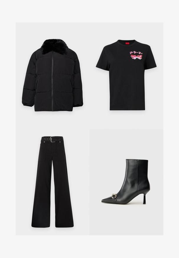 Black puffer jacket featuring a faux fur collar, zip closure, elastic cuffs, and a quilted design with horizontal stitching.; Black cotton t-shirt with short sleeves featuring a pink graphic of sunglasses and text "Not Your Girl" on the left chest area.; Black wide-leg trousers made from cotton, featuring a high waist, large side pockets, and a belted waist with silver hardware accents.; Black leather ankle boot with pointed toe, slim mid-height heel, and silver buckle detail on side against plain background.