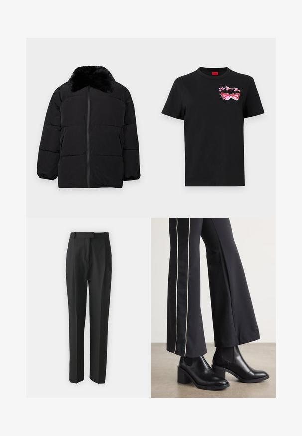 Musternaga jope, millel on kunstkarusnahast krae, lukuga sulgemine, elastsed mansetid ja tšekitud disain horisontaalsete õmblustega.; Musthave musta T-särk lühikeste varrukatega, millel on vasakul rinnal roosa prillide graafika ja tekst "Not Your Girl".; Mustad kohandatud mustad püksid kergest kangast, sirge lõikega, lamedate esiosadega ja vöökohaga. Sile tekstuur ilma nähtavate mustriteta.; Mustad nahast pahklu_bootid, millel on ploki konts ja elastsed külgpaneelid. Kombineeritud mustade pükstega, millel on valge küljeriba.