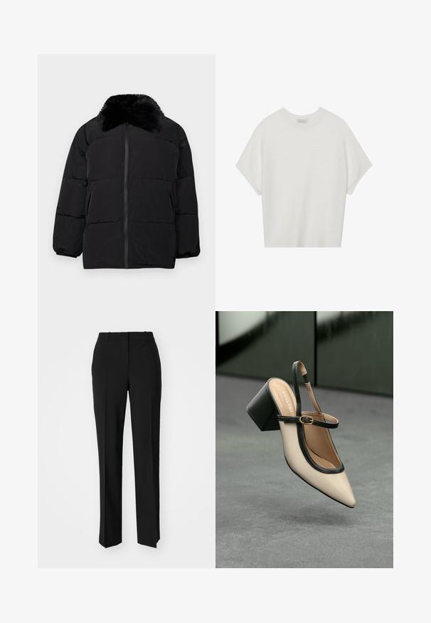 Crna puf jakna s krznim ovratnikom, zatvaranjem na patentni zatvarač, elastičnim manžetama i kvadratnim uzorkom s horizontalnim šavovima.; Bijela majica kratkih rukava s širokim okruglim izrezom i teksturiranim rebrastim uzorkom, izrađena od mekog materijala, s opuštenim krojem i čistim dizajnom.; Crne krojene hlače ravnog kroja, s glatkom teksturom i oštrim pregibima naprijed. Bez vidljivih metalnih dijelova.; Bež cipele s otvorenom petom i šiljastim vrhom, crnim obrubom, zlatnom kopčom i debelim blok-petom na sivom podu s tamnozelenom pozadinom.