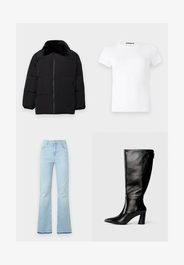 Veste doudoune noire avec un col en fausse fourrure, fermeture éclair, poignets élastiques et un design matelassé avec des coutures horizontales.; T-shirt blanc à manches courtes fabriqué en tissu de coton ribbé. Il présente un col rond et un design ajusté avec une texture lisse.; Jean flare bleu clair en denim, avec une taille haute, des poches avant et un ourlet brut au niveau des poignets pour un look décontracté.; Botte en cuir noir à hauteur de genoux avec un bout pointu, une texture lisse et un talon épais. Elle présente un zip à l'arrière.