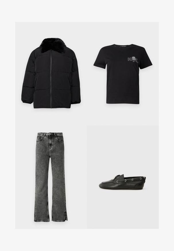 Zwarte pufferjas met een nepbont kraag, ritssluiting, elastische manchetten en een quilted design met horizontale stiksels.; Zwarte korte mouwen t-shirt van katoen. Heeft een witte grafische print met de tekst "KARL" en een gestileerde figuur op de borst. Ronde hals.; Zwarte flared jeans met een vervaagde wassing, hoge taille en zijopeningen aan de zoom. Gemaakt van denim met een soepele textuur en een klassiek vijf-pocket ontwerp.; Zwarte leren boot schoenen met een ronde neus, vetersluiting aan de voorkant, metalen oogjes en een platte zool. Heeft een klein tabje aan de achterkant.