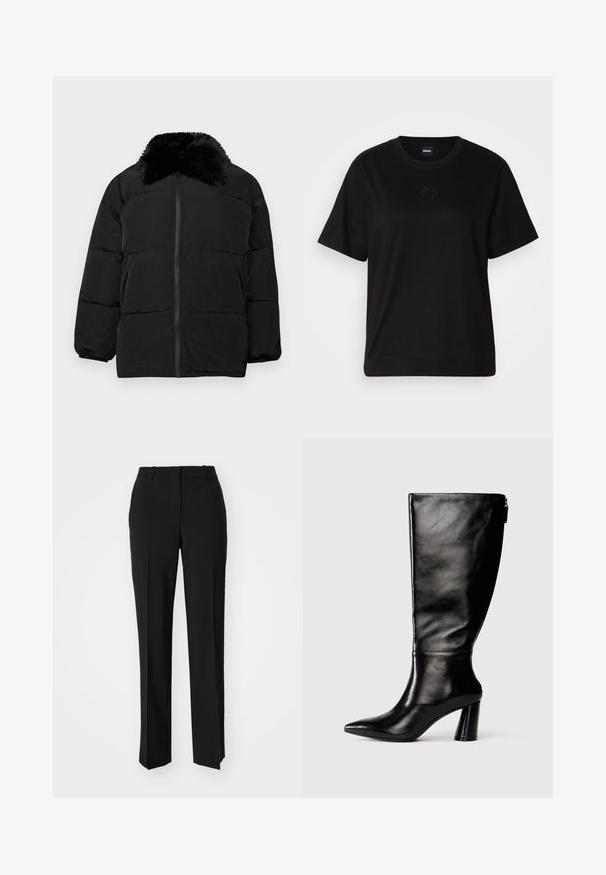 Černá péřová bunda s límcem z umělé kožešiny, zipovým zapínáním, elastickými manžetami a prošívaným designem s horizontálním švem.; Černé bavlněné tričko s kulatým výstřihem, krátkými rukávy a vyšitým logem na hrudi. Jednoduchý, volný střih bez vzorů.; Černé kalhoty na míru se střihem do rovna, které mají hladkou texturu a ostré sklady na přední straně. Bez viditelného kování.; Černá kožená vysoká boot do půli lýtek s špičatou špičkou, hladkou texturou a masivním podpatkem. Obsahuje zip na zadní straně.