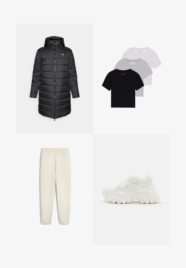 Sort dunjakke med hætte, med lynlås fortil og sidelommer. Designet har en quiltet tekstur og en tætsiddende silhuet. Logo vist.; Sæt af tre kortærmede t-shirts i sort, grå og hvid. Fremstillet af bomuld, har en rund hals og et enkelt, ensfarvet design.; Lys beige sweatpants lavet af blødt stof, med elastisk talje, afslutning ved anklerne og et lille hvidt logo på siden.; Hvide chunky sneakers med en tekstureret overdel, mesh-paneler og tykke gummisåler med et markant dækmønster. Snørebånd og en pull-tab medfølger.