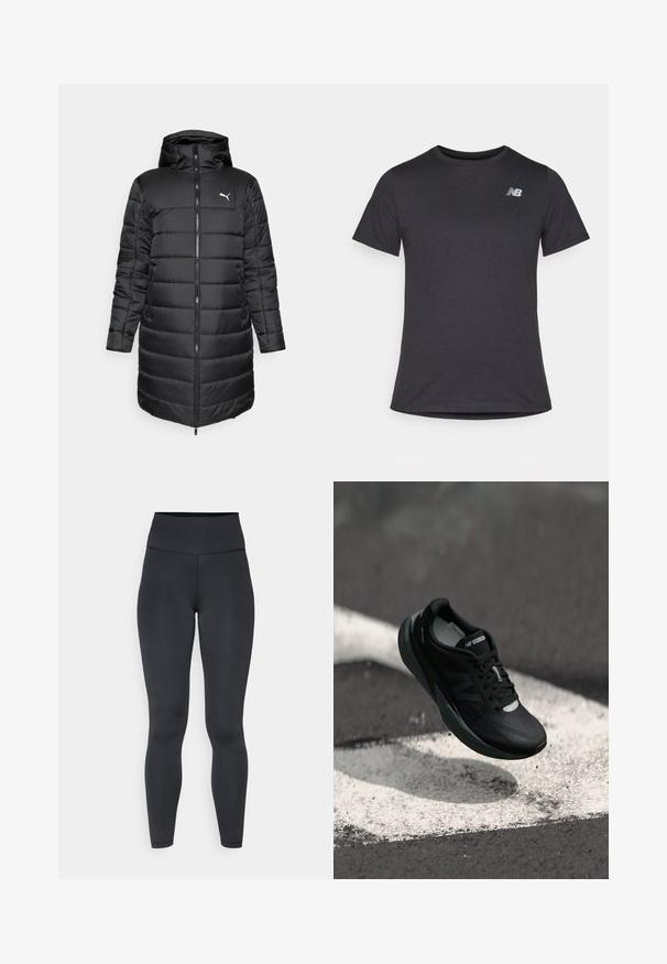 Casaco puffer preto com capuz, com fecho frontal e bolsos laterais. O design tem um padrão acolchoado e uma silhueta ajustada. Logótipo exibido.; T-shirt preta de manga curta feita de tecido suave, com um pequeno logótipo cinza da New Balance no canto superior esquerdo do peito, design clássico de decote redondo.; Leggings pretos de cintura alta feitos de material elástico, com uma textura suave e um design justo, apresentando detalhes de costura mínimos.; Sapatilha de corrida preta com um cabedal texturizado, design elegante e detalhes reflexivos. Apresenta uma sola macia e acolchoada para maior conforto.