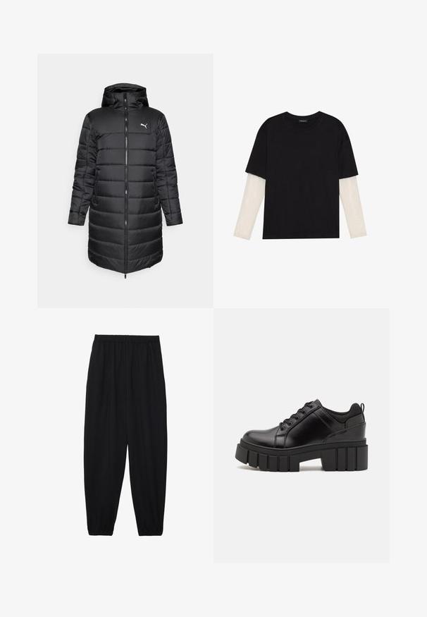 Sort dunjakke med hætte, med lynlås fortil og sidelommer. Designet har en quiltet tekstur og en tætsiddende silhuet. Logo vist.; Sort T-shirt lavet af bomuld, med korte ærmer over et hvidt langærmet lag med et subtilt tekstureret mønster. Design med rund hals.; Sort, lette bukser med elastisk talje og sammenfoldede ankler. Stoffet er glat og har et afslappet, indsnævret design.; Sorte læder platform sko med en klodset blokhæl, rund tå og traditionelt snøredesign. Har en glat tekstur og minimal detaljering.