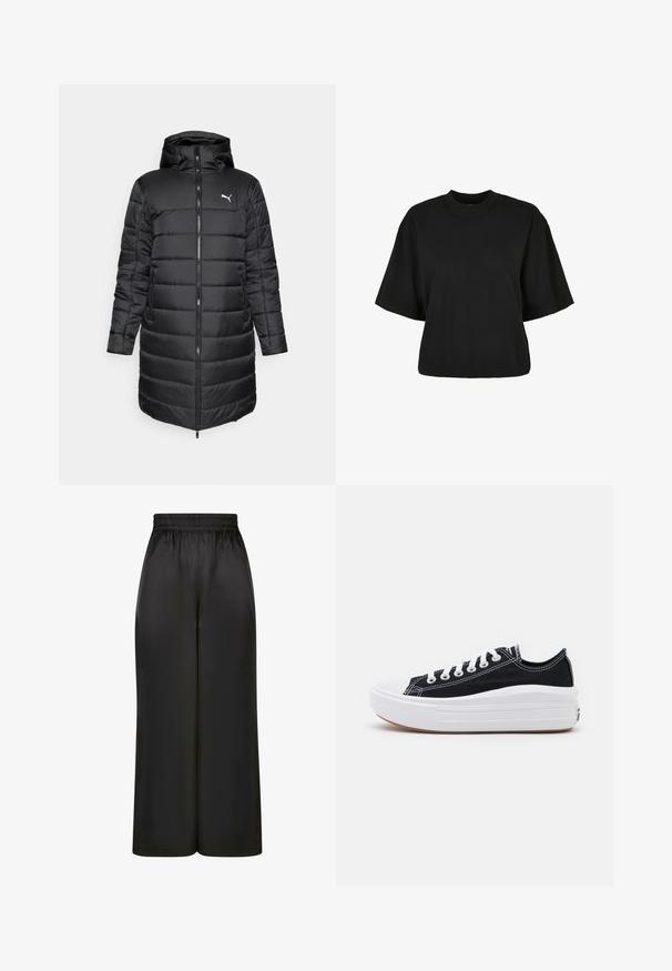 Zwarte donsjas met een capuchon, voorzien van een ritssluiting aan de voorkant en zijzakken. Het ontwerp heeft een doorgestikte textuur en een slank figuur. Logo afgebeeld.; Zwart cropped t-shirt van katoen. Heeft korte mouwen en een ronde halslijn. Glad materiaal met een eenvoudig ontwerp, geen extra patronen.; Zwarte wijde broek gemaakt van soepel, glanzend materiaal met een elastische tailleband en zonder zichtbare zakken of hardware-details.; Zwarte canvas sneakers met witte veters, een witte rubberen teenkap en een chunky witte tussenzool. Bevat subtiele witte stiksels en een gumzool.