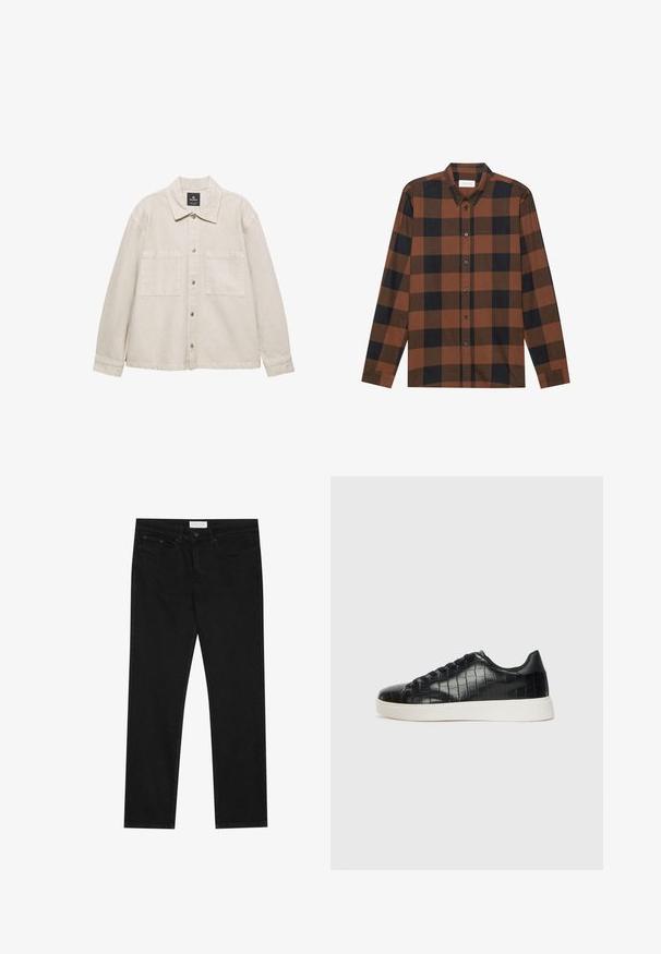 Lys beige knap-up jakke lavet af blødt stof, med spidse krave, to brystlommer og lange ærmer. Minimalistisk design.; Brun og sort ternet langærmet skjorte lavet af stof med button-down krave og knaplukning; har manchetter ved ærmerne.; Sorte lige ben jeans med fem-lomme design, knap- og lynlåslukning samt et Pier One mærkeetiket på taljen.; Sorte sneakers med en struktureret krokodillepræget læderoverdel, rund tå og en kontrasterende hvid gummisål med en glat finish.