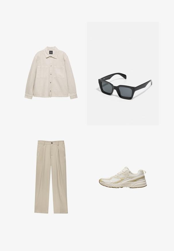 Licht beige button-up jas gemaakt van zachte stof, met een puntige kraag, twee borstzakken en lange mouwen. Minimalistisch ontwerp.; Witte katoenen t-shirt met korte mouwen. Bevat een zwarte grafische afbeelding van een boom en laarzen op de linkerborst. Eenvoudig, ontspannen pasvorm ontwerp.; Beige broek met een rechte snit, voorzien van een enkele zwarte knoop, riemlussen en zijzakken. Glad stoffen textuur en een minimalistisch ontwerp.; Witte sportieve schoenen van mesh en synthetisch materiaal, met een afgeronde neus, een gevoerde zool en beige accenten aan de zijkanten.; Zwarte rechthoekige zonnebril met donkere lenzen. Kunststof frame met een glanzende afwerking, met een brede neusbrug en licht taps toelopende pootjes.