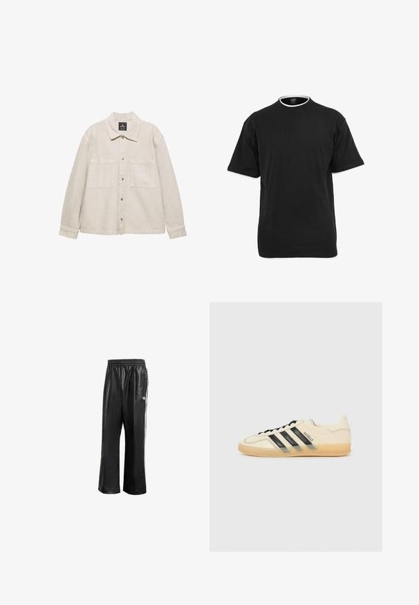 Vaaleanbeige napp closure -takki pehmeästä kankaasta, jossa on terävä kaulus, kaksi rintataskua ja pitkät hihat. Minimalistinen muotoilu.; Mustapohjainen puuvillapaita, jossa on lyhyet hihat, pyöreä pääntie ja kontrastivalkoinen reunus kauluksessa ja hihojen reunoissa.; Mustat synteettiset juoksuhousut, joissa on joustava vyötärö, valkoiset sivusuunnassa olevat raidat ja pieni valkoinen logo vasemmassa lantiossa.; Vaalean kerma sneaker, jossa on musta kolmiraidallinen muotoilu, teksturoitu yläosa, pyöreä kärki ja kumipohja. Varustettu nauhoilla ja brändäyksellä sivulla.