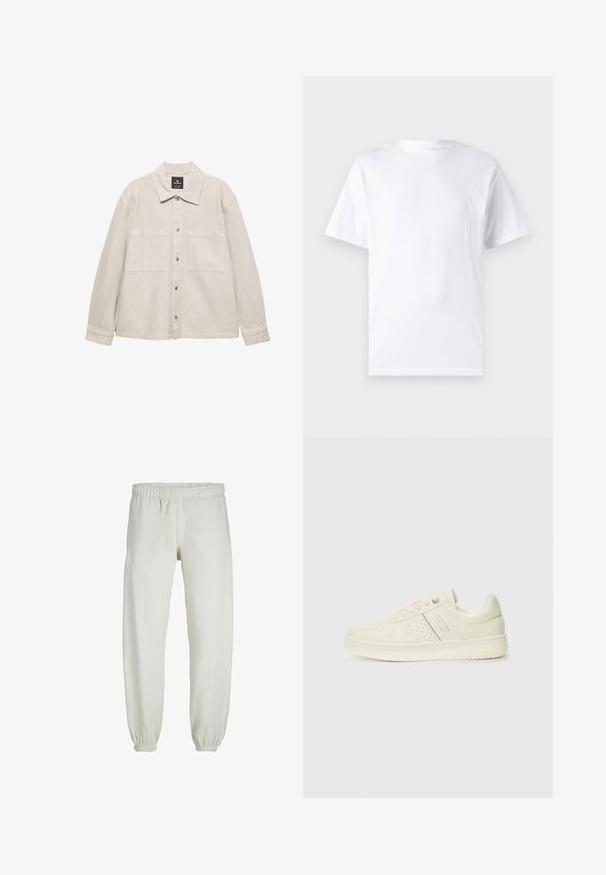 Jasnobeżowa kurtka zapinana na guziki, wykonana z miękkiego materiału, z ostro zakończonym kołnierzem, dwiema kieszeniami na piersi i długimi rękawami. Minimalistyczny design.; Biała koszulka z krótkim rękawem wykonana z bawełny, z okrągłym dekoltem, o gładkiej fakturze i prostym designie, bez wzorów i akcentów.; Białe dresy wykonane z miękkiego materiału, z elastycznym pasem i mankietami, o gładkiej fakturze i luźnym kroju.; Kremowe sneakersy z perforowanymi detalami, sznurowadłami i logo z boku, prezentowane na jednolitym białym tle.