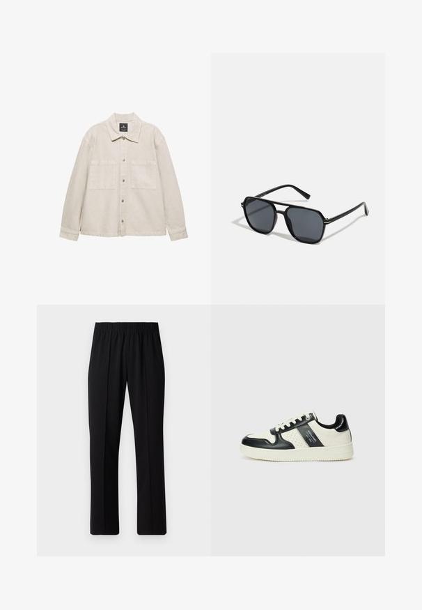 Hellbeige Hemdjacke aus weichem Stoff, mit spitzem Kragen, zwei Brusttaschen und langen Ärmeln. Minimalistisches Design.; Schwarzes Baumwoll-T-Shirt mit Rundhalsausschnitt, kurzen Ärmeln und kleinem weißen Logotext auf der linken Brust. Schlichtes Design, klassischer Schnitt.; Schwarze, Gummibund-Hosen mit geradem Schnitt, die eine glatte Textur aufweisen und keine sichtbaren Muster oder Beschläge haben.; Leder-Sneaker in Schwarz- und Cremetönen, mit perforierten Akzenten, einem gepolsterten Kragen und einer strukturierten Laufsohle.; Schwarze Sonnenbrille mit achteckigem Rahmen, dunklen Gläsern, glänzender Oberfläche, dünnen Bügeln und goldenen Akzenten auf der Vorderseite.