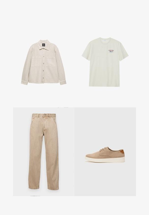 Svijetlosmeđi sako na kopčanje izrađen od mekanog materijala, s oštrim ovratnikom, dva džepa na prsima i dugim rukavima. Minimalistički dizajn.; Svijetlosmeđa pamučna majica kratkih rukava. Sadrži mali plavi i crveni grafički prikaz marlinske ribe uz natpis "MARLIN TROPHY".; Bež teksas traperice ravnog kroja, s prednjim džepovima, metalnim zakopčavanjem i suptilnom teksturom.; Bež nubuk tenisice s okruglim vrhom, vezanjem sprijeda i teksturiranim stražnjim naglaskom. Bijela gumena potpetica pruža kontrast. Jednostavan i moderan dizajn.