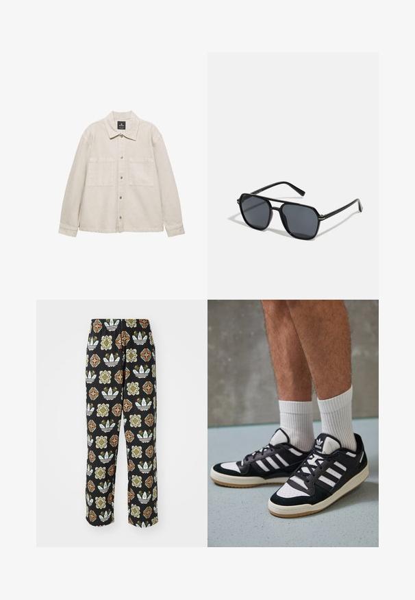 Lys beige knap-up jakke lavet af blødt stof, med spidse krave, to brystlommer og lange ærmer. Minimalistisk design.; Sort bomulds t-shirt med et grafisk tryk i hvid og gul med teksten "IRON LIKE HELL" og et design af silhuetter.; Sorte bukser med et indviklet mønster af forskellige former, herunder blomsterdesigns og striber i orange, grøn og hvid.; Sorte og hvide sneakers med en overdel i ruskind og læder, der har tre hvide striber, en perforeret tå og en sål i gummigummi.; Sorte solbriller med oktagonal stel, mørke linser, blank overflade, fine stænger og guldaccenter på forsiden.