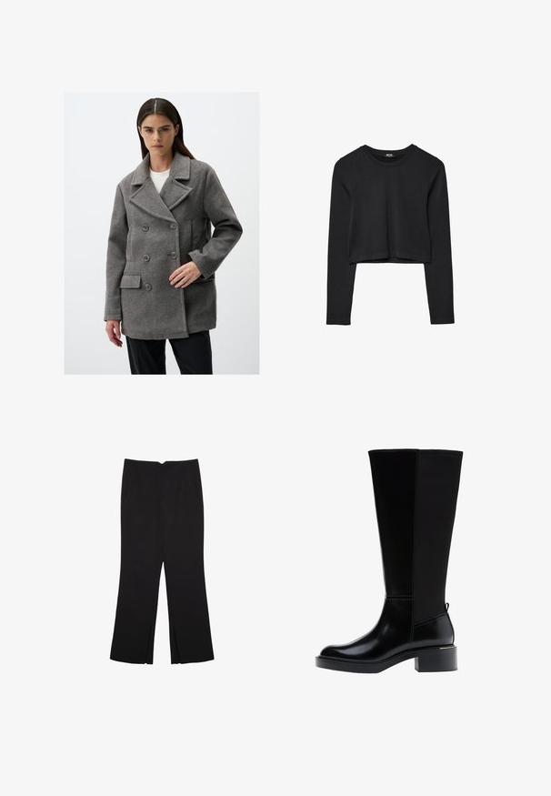 Szary wełniany płaszcz dwurzędowy z klapami, czterema guzikami, bocznymi kieszeniami i dopasowanym krojem. Gładka faktura z przeszyciami.; Czarny krótki top z długim rękawem, okrągłym dekoltem, gładkim wzorem i lekko zaokrąglonym dołem.; Czarne spodnie o prostym kroju, z przednimi kieszeniami i bocznymi rozcięciami na dole. Wykonane z miękkiego, gładkiego materiału. Odpowiednie na różne okazje.; Czarny kozaki za kolano z gładkim wykończeniem ze skóry, widocznym przeszyciem, masywnym obcasem i fakturowanym tylnym panelem dla dodatkowego efektu.