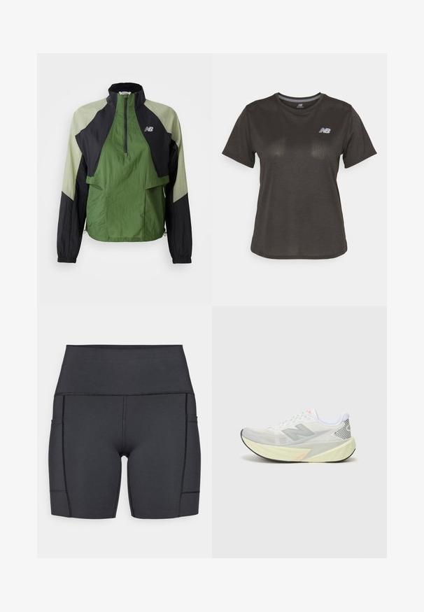 Green and black lightweight jacket with a quarter zip, elastic cuffs, two front pockets, and contrasting panels in a textured fabric.; Black athletic t-shirt with short sleeves, made from lightweight fabric. Features a subtle textured pattern and a small white logo on the chest.; Black high-waisted shorts made of stretchy fabric, featuring side pockets, flat seams, and a smooth texture for comfort during activities.; Lightweight running shoe with a grey and white mesh upper, a prominent 'N' logo, and a yellow midsole with angled accents. Black outsole.