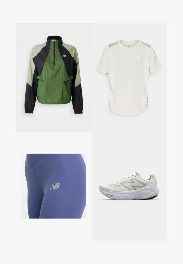 Grüne und schwarze leichte Jacke mit einem Viertel-Reißverschluss, elastischen Bündchen, zwei frontalen Taschen und kontrastierenden Einsätzen aus einem strukturierten Stoff.; Hellbeiges kurzärmeliges Sporthemd mit rundem Halsausschnitt, Netzstoffakzenten an den Schultern und reflektierendem Logodetail auf der Vorderseite.; Leggings aus tiefblauem Stoff mit glatter Textur, versehen mit einem reflektierenden grauen Logo am Oberschenkel und Flachnähten für zusätzlichen Komfort.; Weiße Sportschuhe mit einem Mesh-Obermaterial, einem gepolsterten Kragen, einer strukturierten Sohle und der "Fresh Foam"-Markierung in der Zwischensohle.
