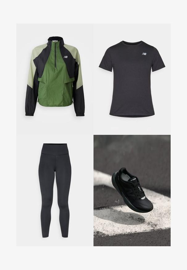Grøn og sort letvægtsjakke med kvart lynlås, elastiske manchetter, to frontlommer og kontrastpaneler i et tekstureret stof.; Sort kortærmet t-shirt lavet af blødt stof, med et lille gråt New Balance-logo på den øverste venstre bryst, klassisk crew neck design.; Højtaljede sorte leggings lavet af strækbart materiale, med en glat overflade og tætsiddende design, med minimale sømdetaljer.; Sort løbesko med et tekstureret overdel, strømlinet design og reflekterende detaljer. Har en blød, polstret sål for komfort.