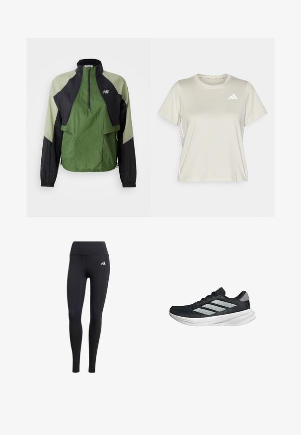 Green and black lightweight jacket with a quarter zip, elastic cuffs, two front pockets, and contrasting panels in a textured fabric.; adidas Performance TRAIN ESSENTIALS 3STRIPES WORKOUT - Sports T-shirt - alumina/white; Black leggings made of stretchy material, featuring a high waistband and a small white logo, with a smooth, matte finish.; Black running shoe with mesh upper, three silver stripes, white midsole, and textured outsole. Features padded collar and lace closure.