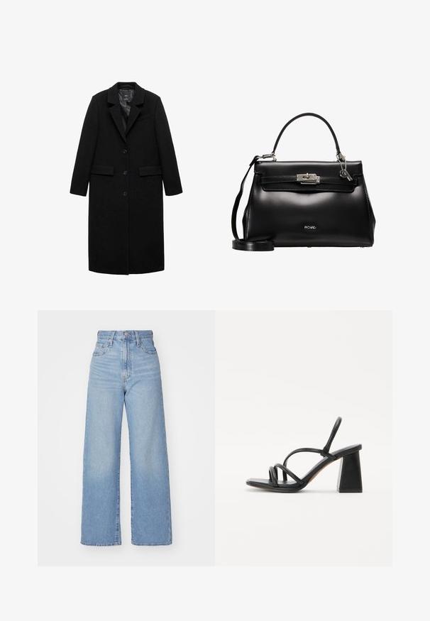 Lang zwart wollen jas met een op maat gemaakte pasvorm, notch revers en drieknoopsluiting, met twee zijzakken en een gladde voering.; Zwarte kortekorte mouw t-shirt van gladde katoenen stof, met een ronde halslijn en een getailleerde pasvorm. Geen zichtbare patronen of accenten.; Lichtblauwe high-waist wijde jeans met een knoop- en ritssluiting aan de voorkant, voor- en achterzakken, op een witte achtergrond.; Zwarte hoge sandaal met een vierkante, chunky hak, voorzien van meerdere dunne banden over de voet en een open achterkant. Gladde leren textuur.; Zwarte leren handtas met een gestructureerd ontwerp, bovenhandvat, afneembare schouderband en een zilverkleurige sluiting. Bevat een subtiel geperst logo.