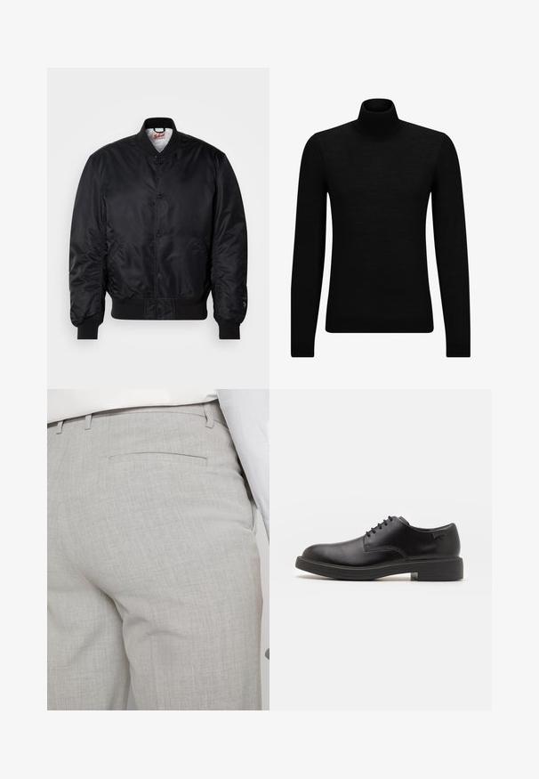 Black bomber jacket with a satin finish, ribbed collar, cuffs, and hem, featuring snap button closure and side pockets.; Black turtleneck sweater made of soft material, featuring long sleeves and a snug fit. Ribbed trim at the hem and cuffs. Simple design.; Light gray tailored trousers made of textured fabric, featuring a single back pocket and clean stitching.; Black leather lace-up shoe with a rounded toe, smooth texture, minimal stitching, and a low rubber heel. Logo on the heel.