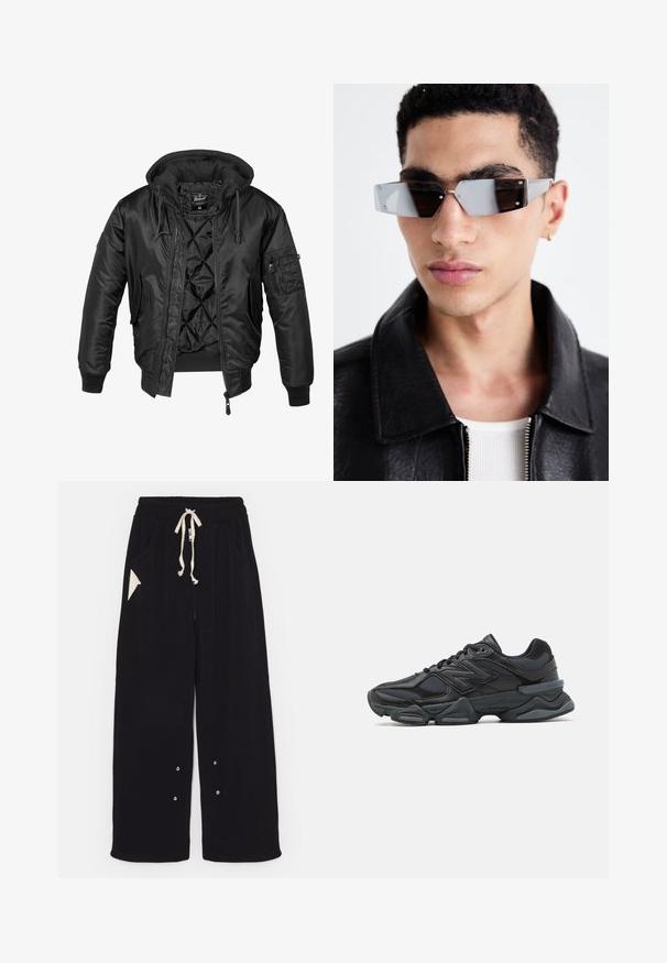 Černá bomber bunda s kapucí, vyrobená z lesklého nylonu, s prošívanou podšívkou, žebrovanými manžetami a kapsou na zip na rukávu.; Černé tričko s krátkým rukávem vyrobené z bavlny, s kulatým výstřihem a volným střihem. Hladká textura s minimálními švy.; Černé široké kalhoty vyrobené z měkké tkaniny, které mají stahovací pas, boční kapsy a trojúhelníkovou kapsu. Součástí jsou detaily ze stříbrného kovu.; Černá běžecká bota s kombinací síťoviny a syntetických materiálů, masivní podešev, zakřivený design a výrazné logo na boku.; Avenované sluneční brýle se šedým nádechem a stříbrnými doplňky, umístěné na světlém pozadí. Skla mají jedinečný geometrický tvar.