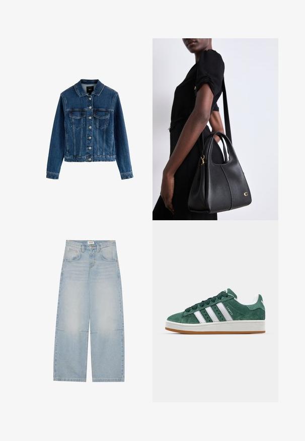 Jachetă din denim, albastru închis, cu închidere prin nasturi, două buzunare pe piept, guler, mâneci lungi, suprafață texturată, tiv scurt.; Două body-uri fără mâneci, în verde măsliniu și negru. Confectionate dintr-un material neted, cu decolteu rotund și un design cu picior înalt.; Jeans de denim lăsați pe corp în nuanță albastru deschis, cu talie înaltă, cinci buzunare și o ușoară decolorare; prezintă cusături în contrast și închidere cu buton.; Tenis verde din suede cu dungi albe din piele, talpă din cauciuc, guler căptușit și design minimalistic. Prezintă branding pe lateral.; Geantă de umăr din piele neagră, cu o formă hobo, având o textură netedă, un vârf rotunjit și accente din metal auriu.